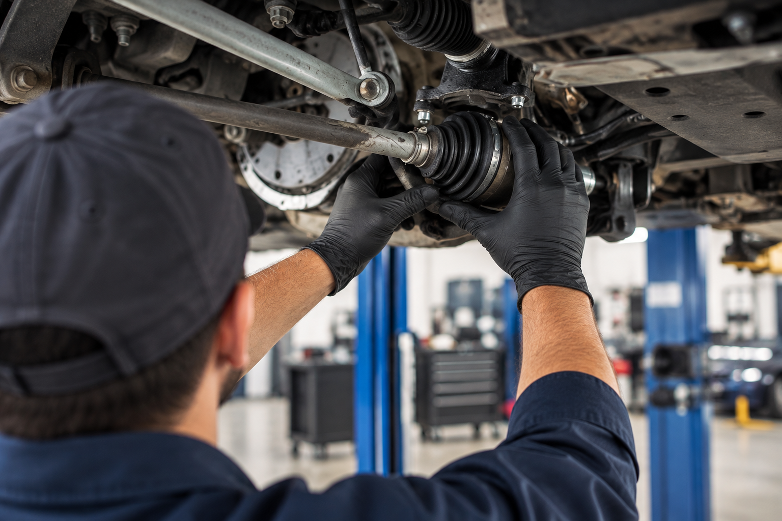Mechanic inspecting a car’s undercarriage in an auto repair shop