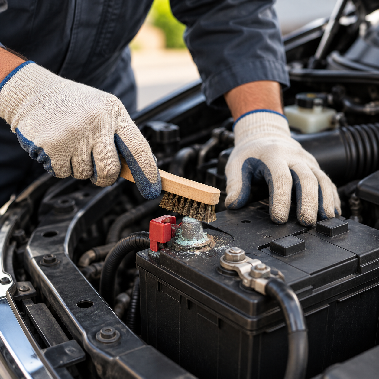 Gloved hands cleaning a car battery in an open engine bay with a brush