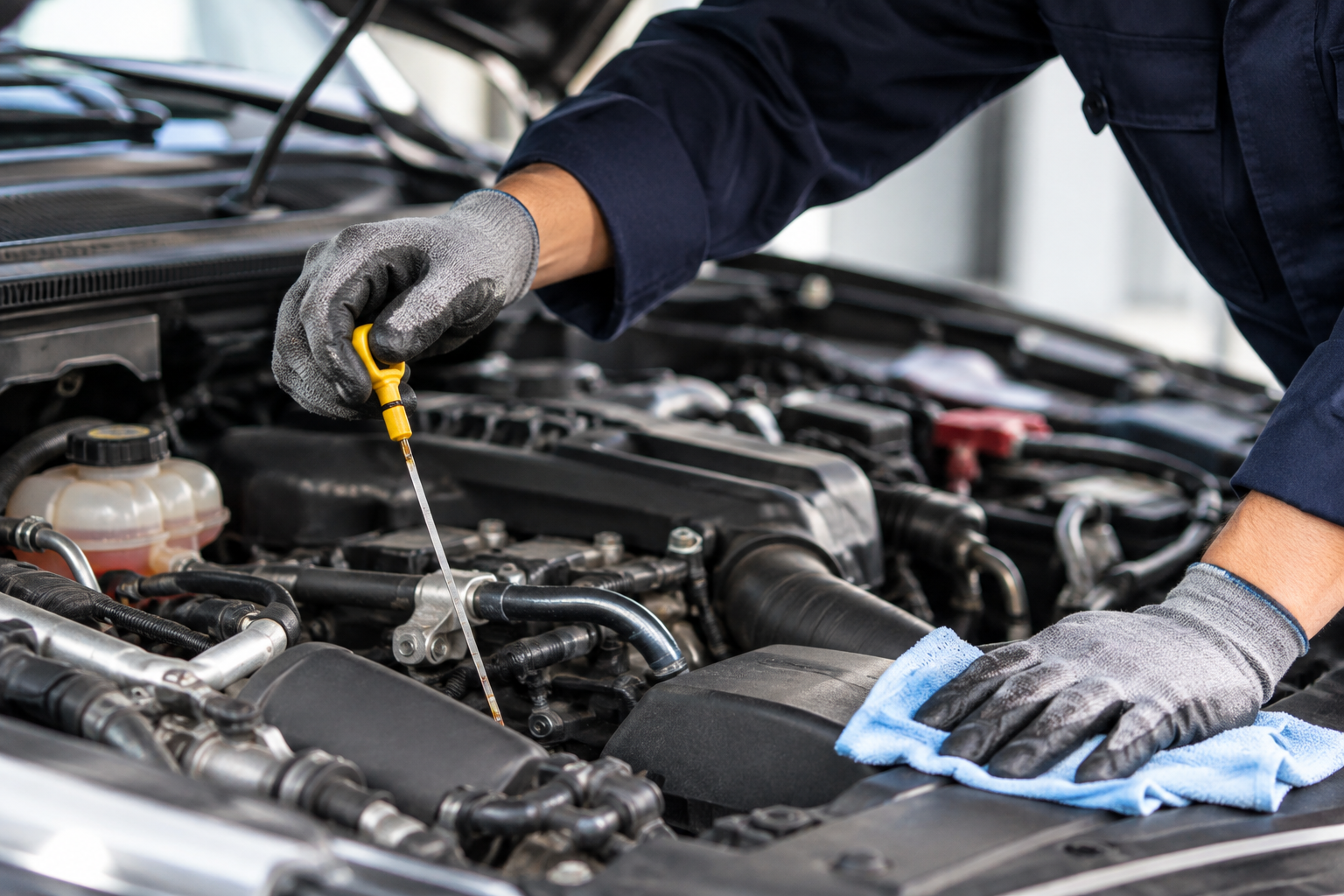 Mechanic wearing gloves checking engine oil with a dipstick under an open car hood