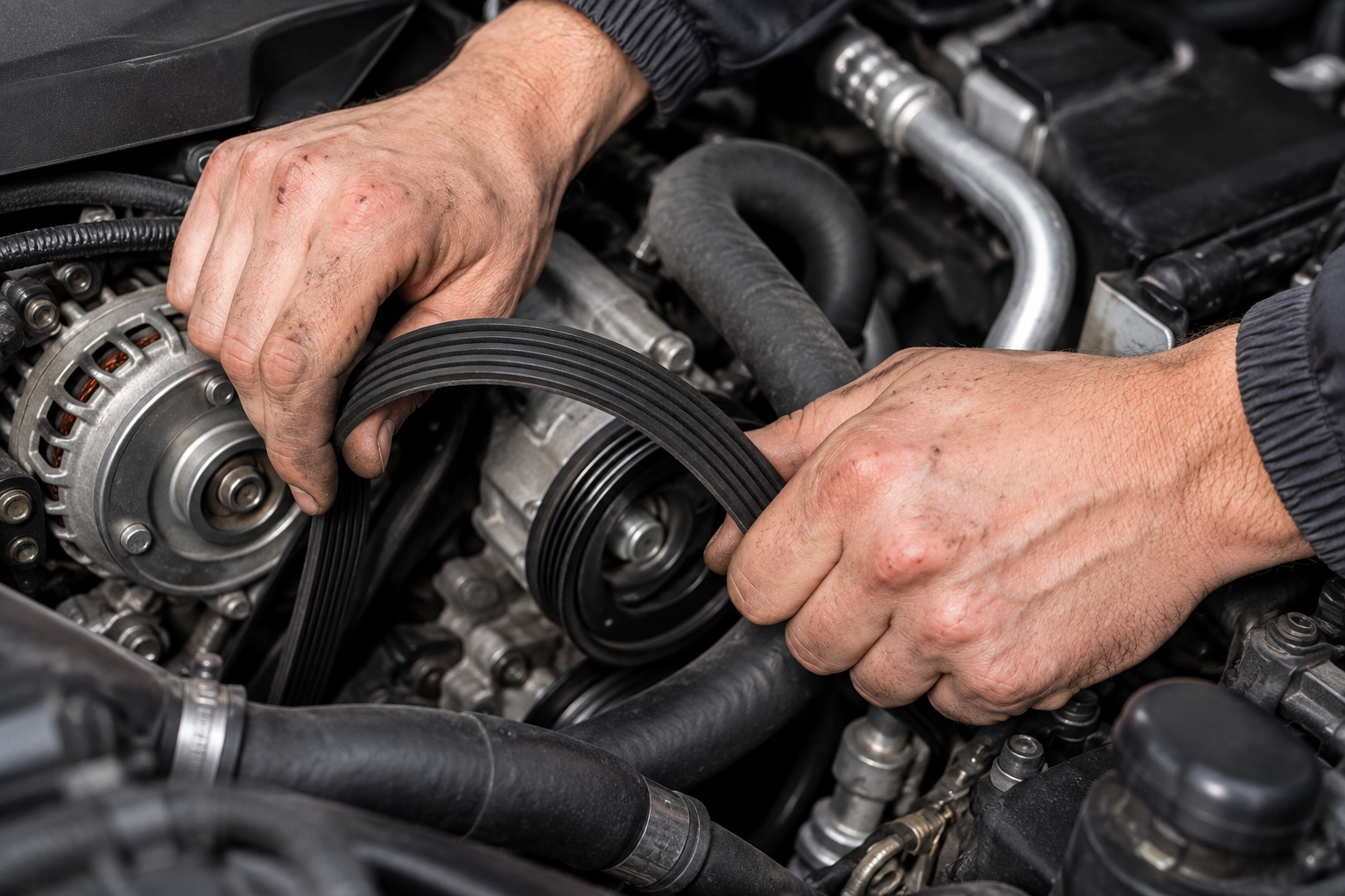Hands installing a serpentine belt on a car engine with pulleys and hoses visible