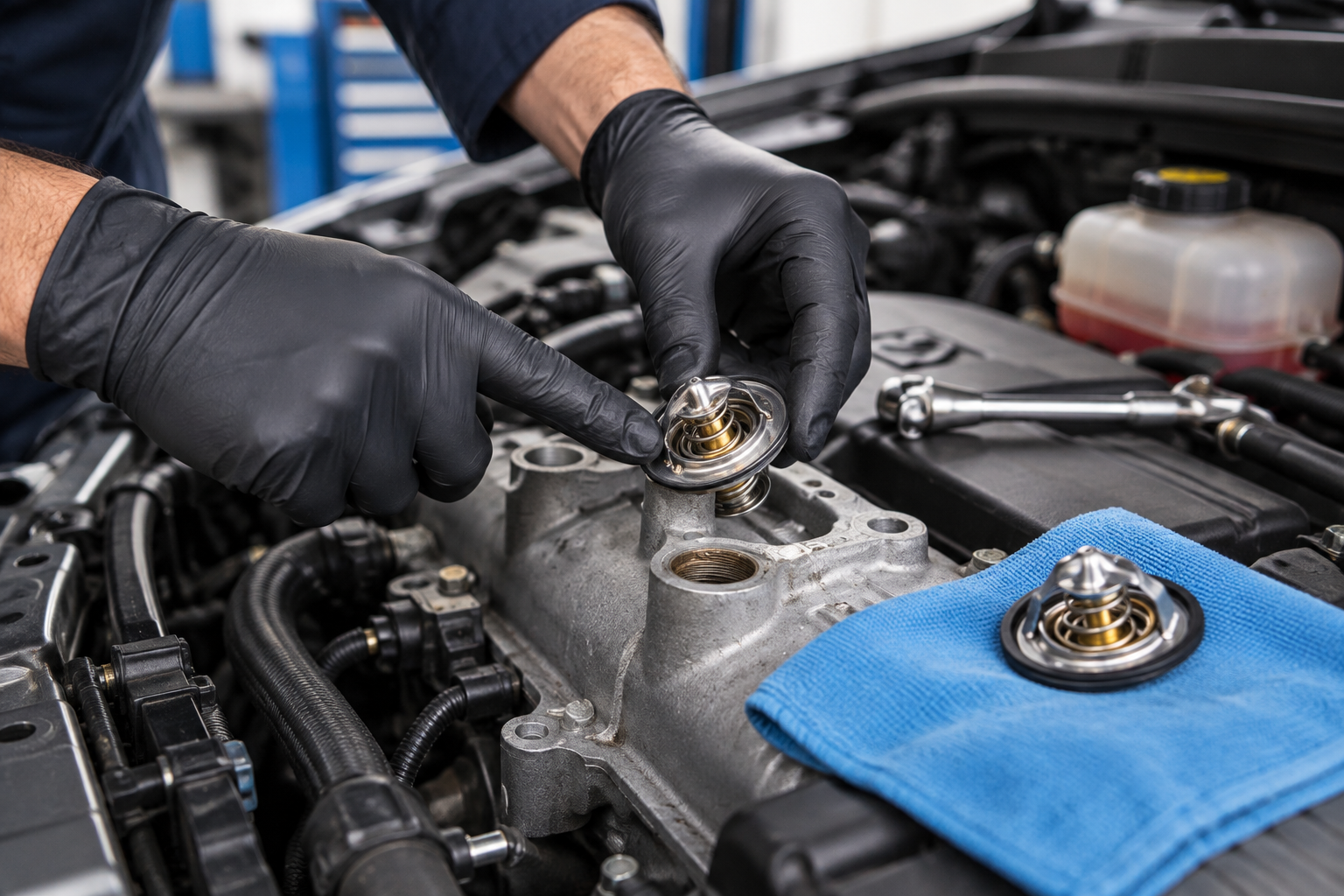 Mechanic wearing black gloves inspects engine parts beside a blue shop towel
