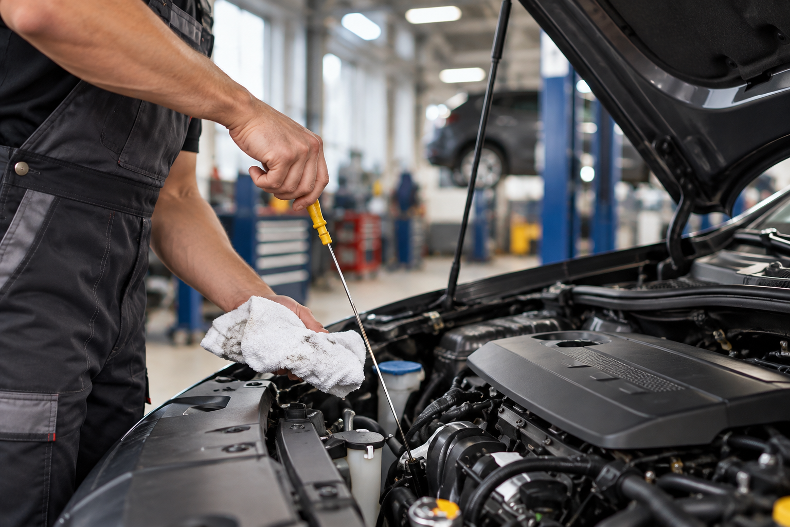 Mechanic checking car engine with dipstick in an auto repair shop