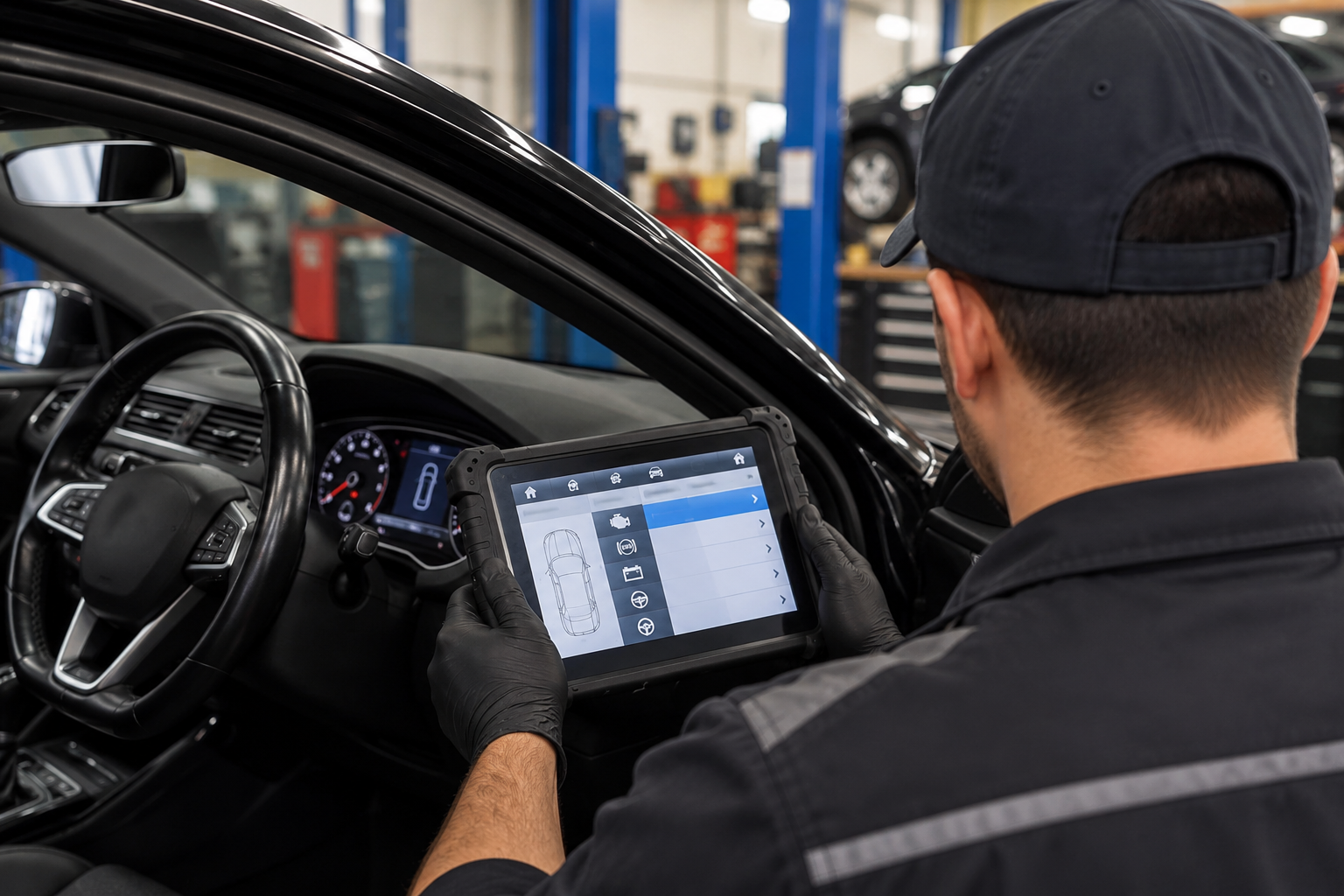 Mechanic using a tablet to diagnose a car’s dashboard inside an auto shop