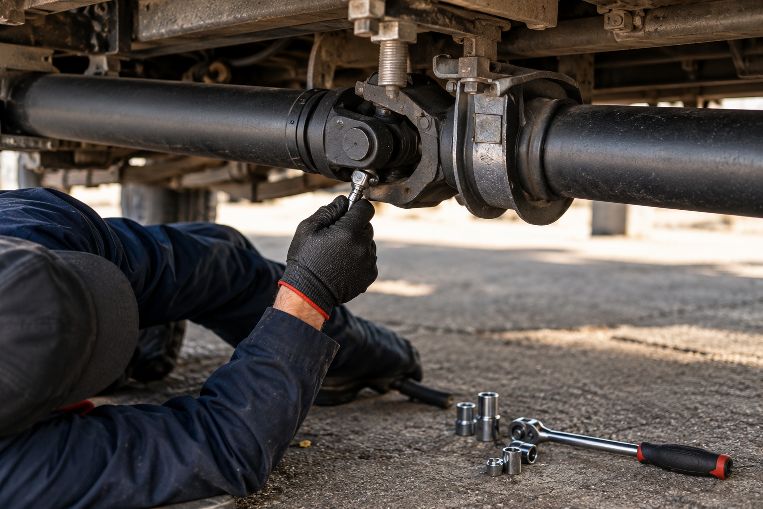 Mechanic repairing a truck driveshaft under the vehicle with tools on the ground