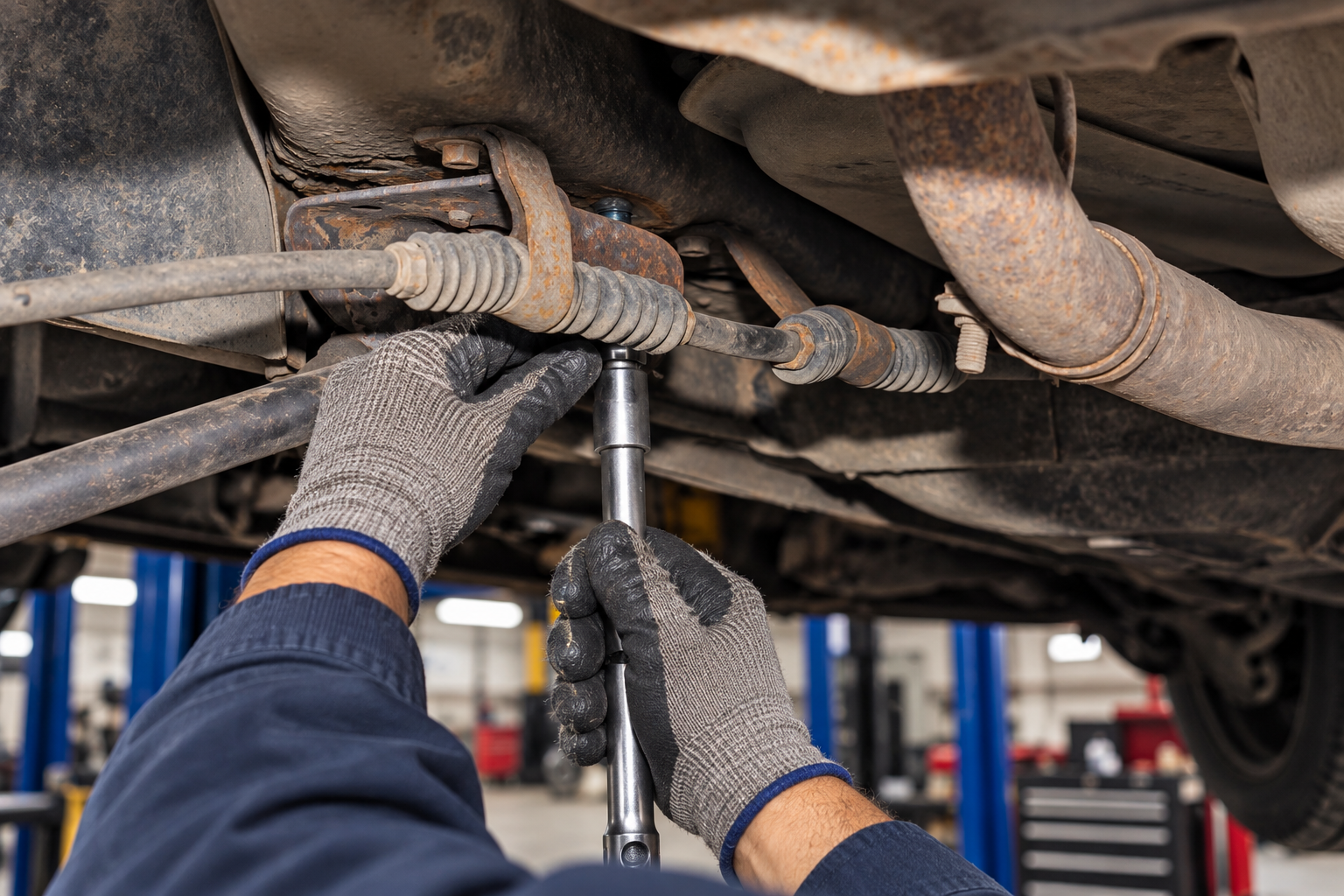 Mechanic using a wrench to repair undercarriage parts on a vehicle on a lift