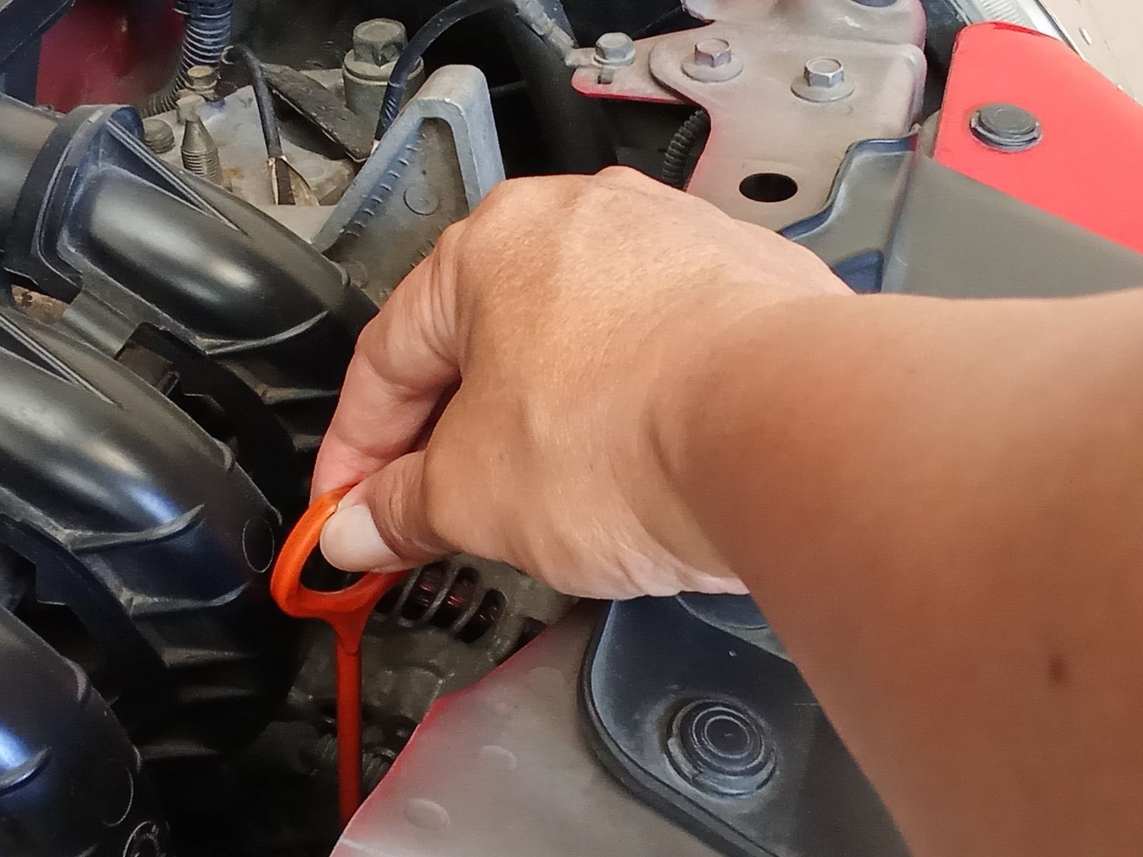 Hand checking a car engine dipstick in the engine bay with an orange handle.