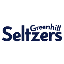 the logo for greenhill seltzers is blue and white on a white background .