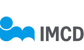 a blue and white logo for imcd with a person laying down .