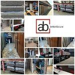 Een collage van foto's van een gebouw met het ab-logo in het midden.