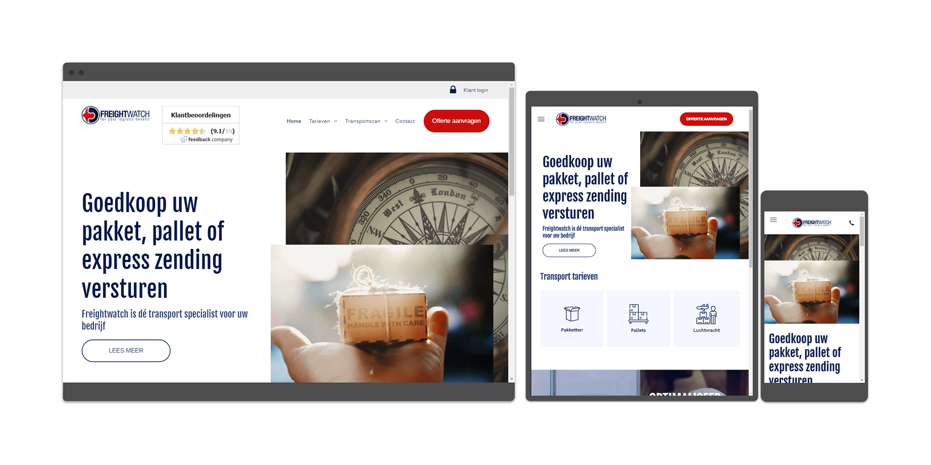 Een screenshot van een website op een computer, tablet en telefoon.