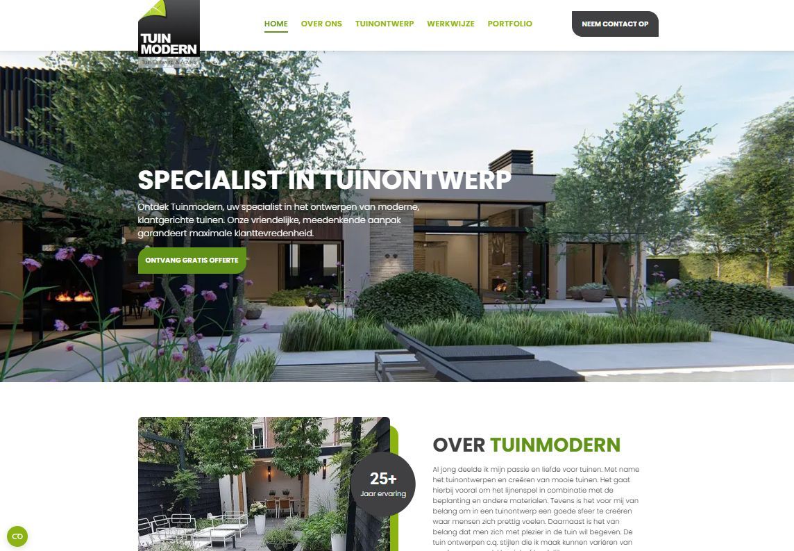 Een screenshot van een website voor een specialist in tuinontwerp.