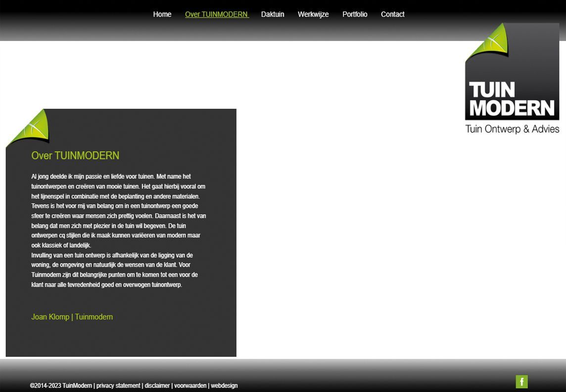 Een website genaamd tuin modern wordt weergegeven op een computerscherm