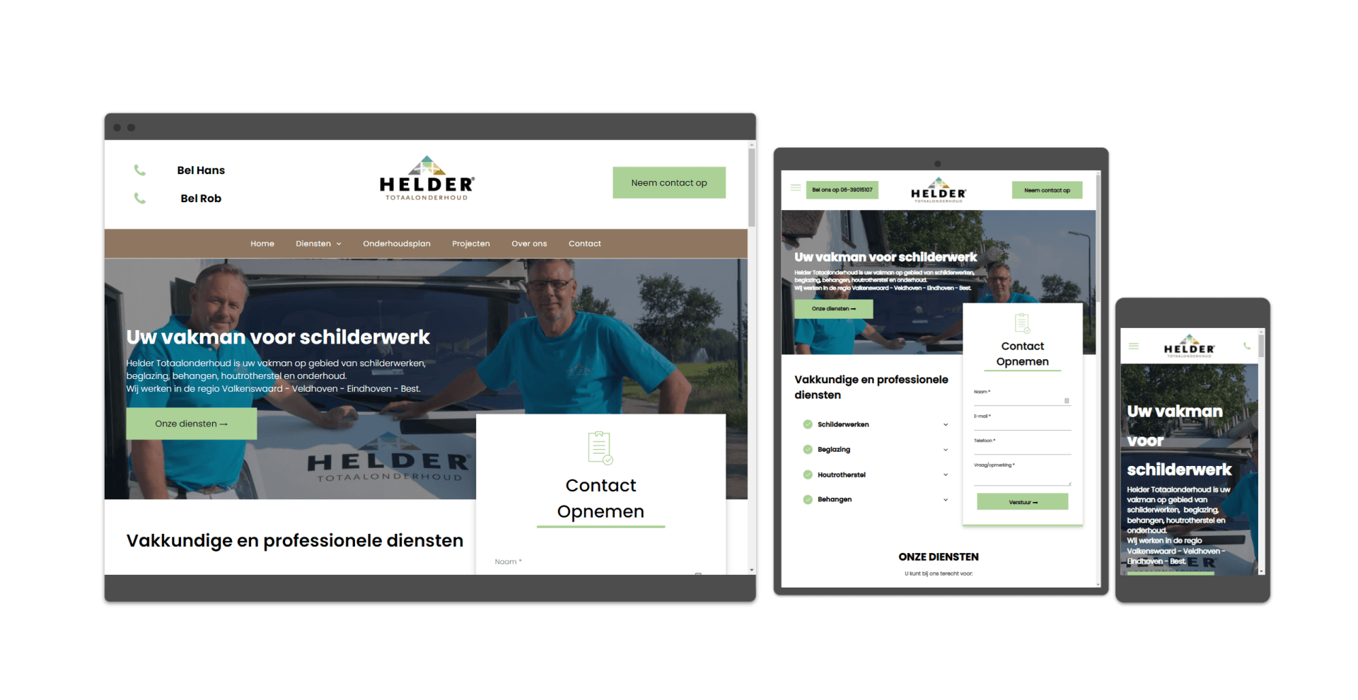 Een website wordt weergegeven op een computer, tablet en mobiele telefoon.