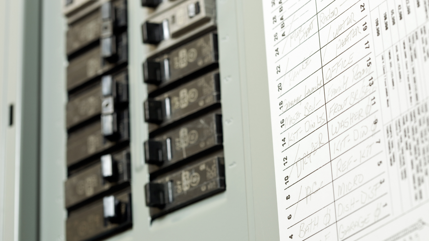 Electrical circuit breaker panel with a list of circuits.
