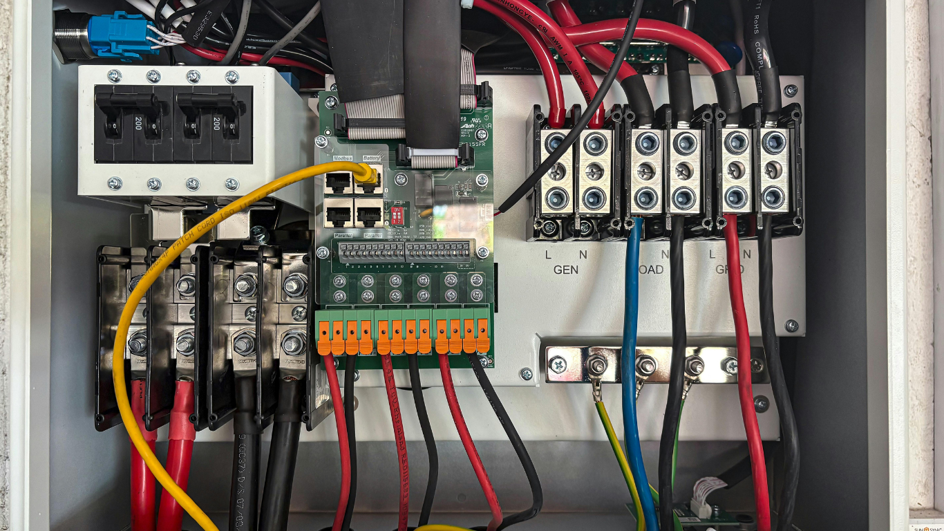 Electrical control panel with red, black, and yellow wires connected to various terminals and a circuit board.