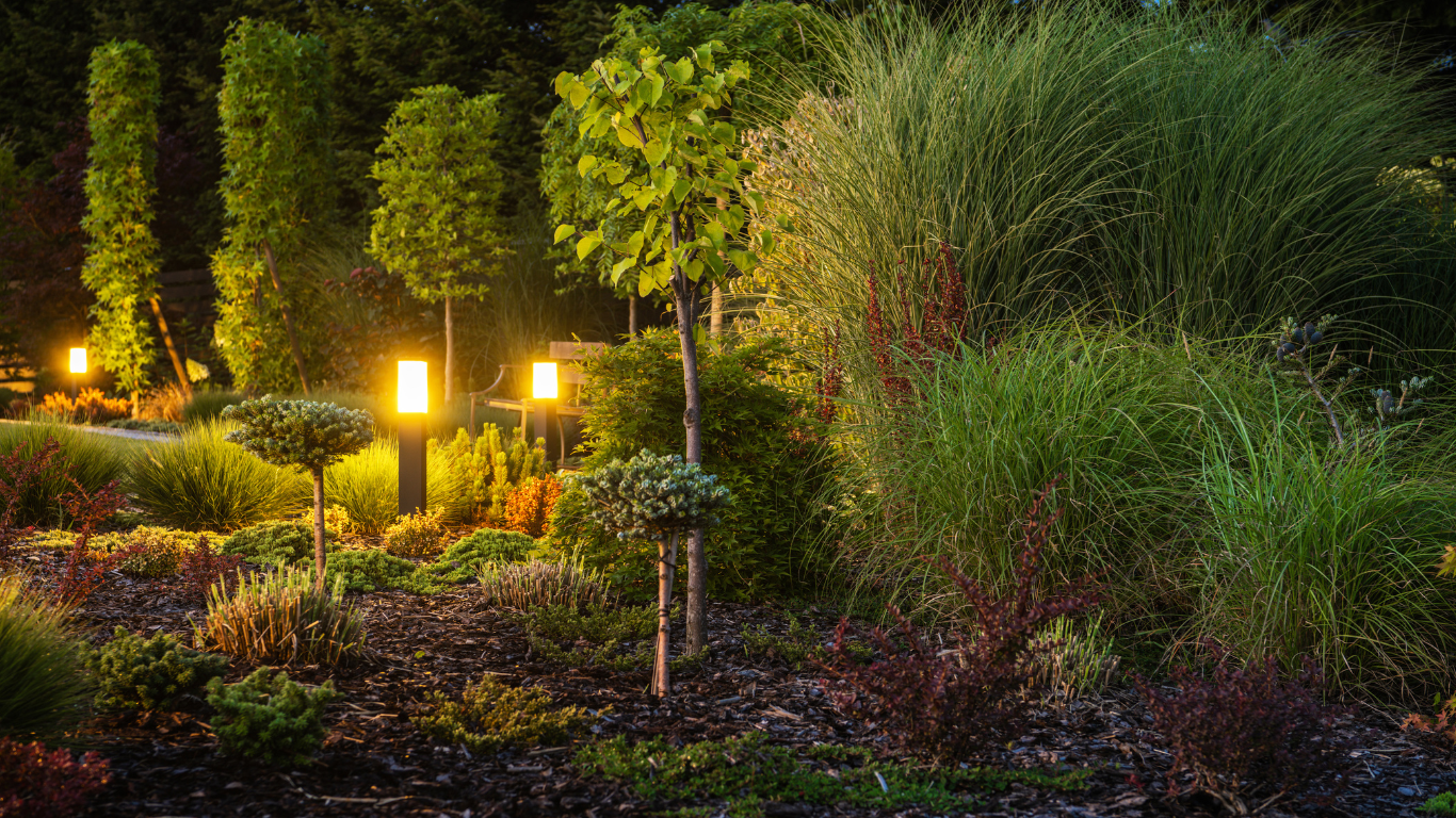 Garden with shrubs, trees, and pathway lights illuminated at dusk.