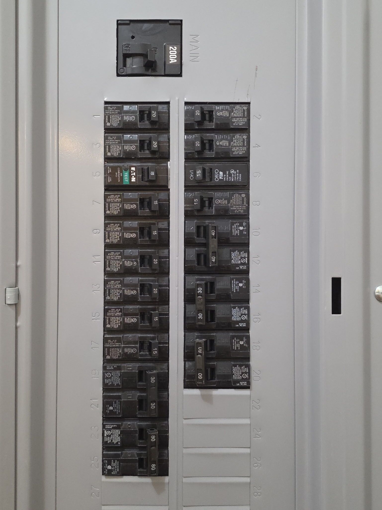 Circuit breaker panel with various colored wires and switches.
