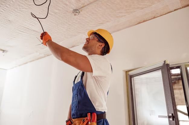 Electrician in hard hat installing wiring on a ceiling; interior construction site.
