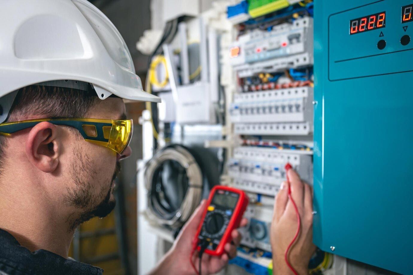 Electrician using a multimeter on a circuit breaker panel, wearing safety glasses and a hard hat.