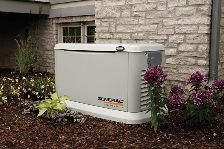 A gray Generac home generator next to a brick wall and flowers.