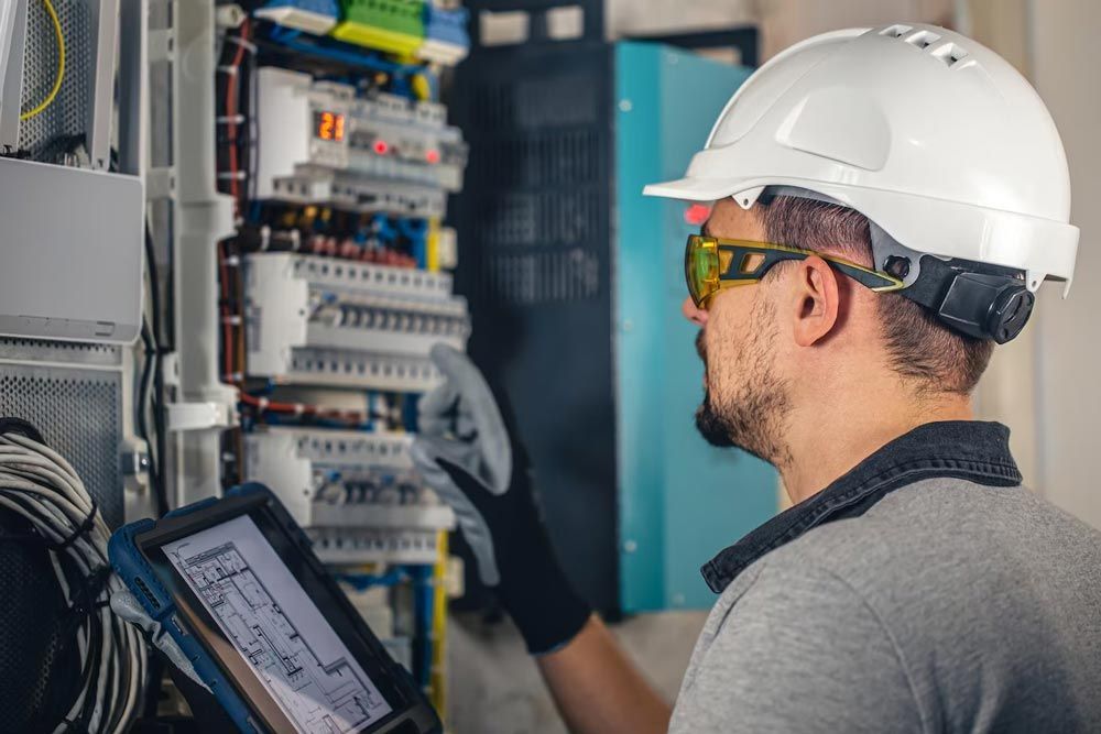 Electrician in a hard hat and safety glasses working on a control panel with a tablet.