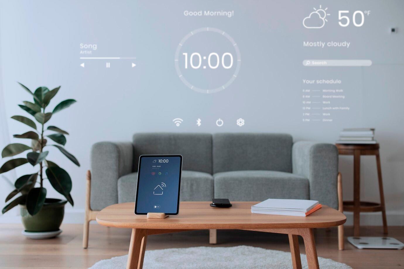 Living room scene with digital display showing time, weather, and smart home controls.