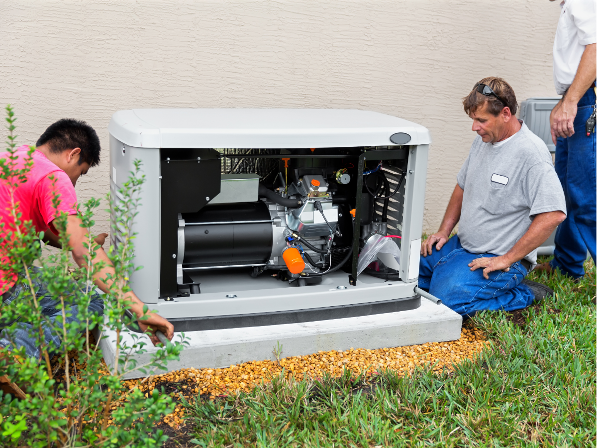 White generator enclosure on a concrete base in a grassy area with foliage.