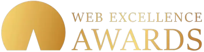 Golden logo with a half-circle and a cut-out triangle. Text says
