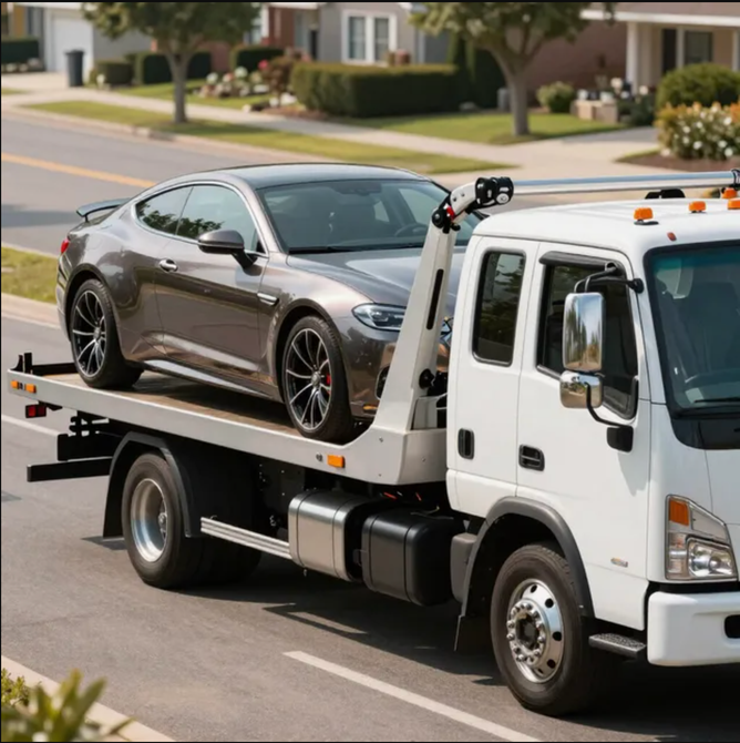 Brown car getting towed by white tow truck