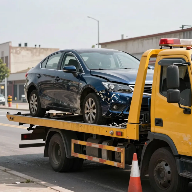 damaged car being towed by yellow truck
