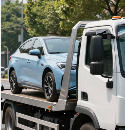 blue car getting flatbed towed