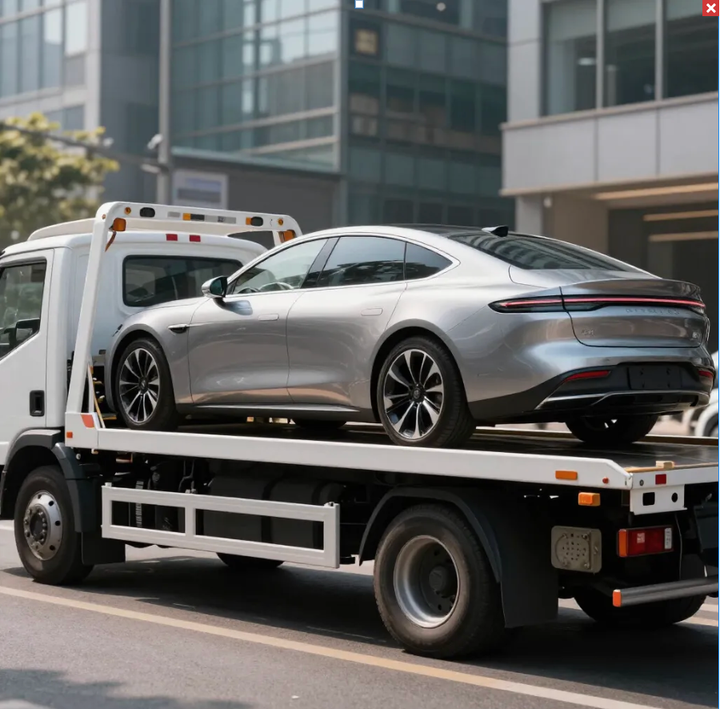 silver car being towed by white tow truck