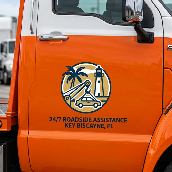 Key Biscayne Towing logo on orange truck