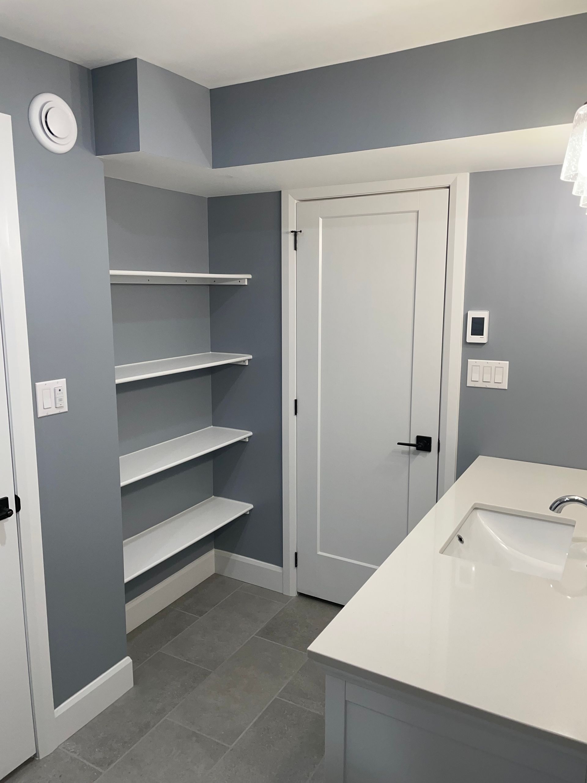 A bathroom with a sink and shelves and a door