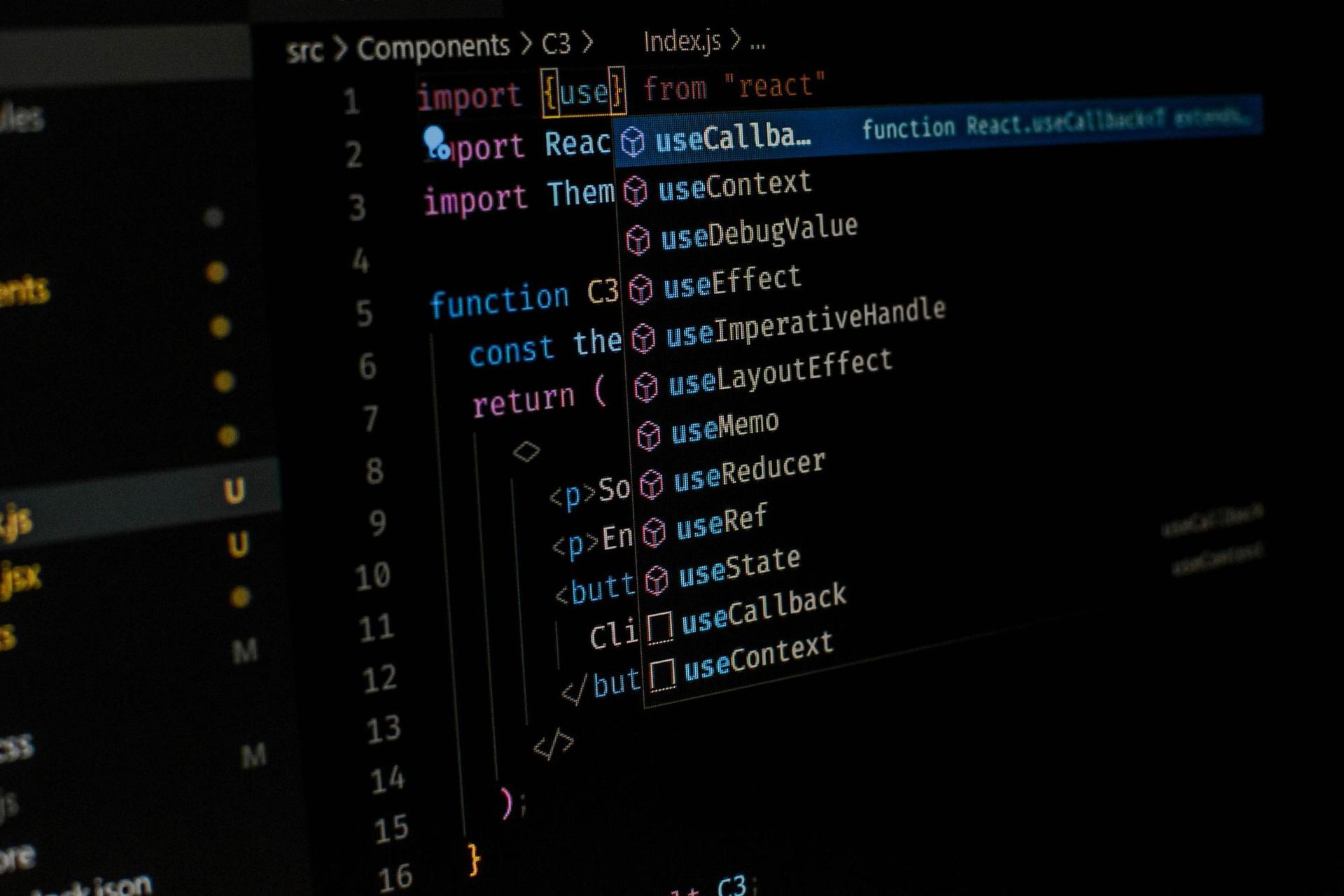 Code editor screen with React code, highlighting `useCallback`.