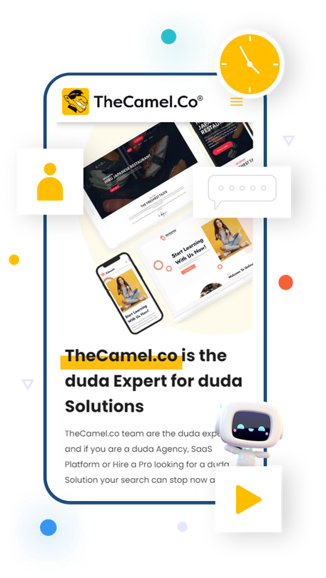 TheCamel.co website on a smartphone screen, showcasing Duda solutions with design elements like a clock, user icon, and a play button.