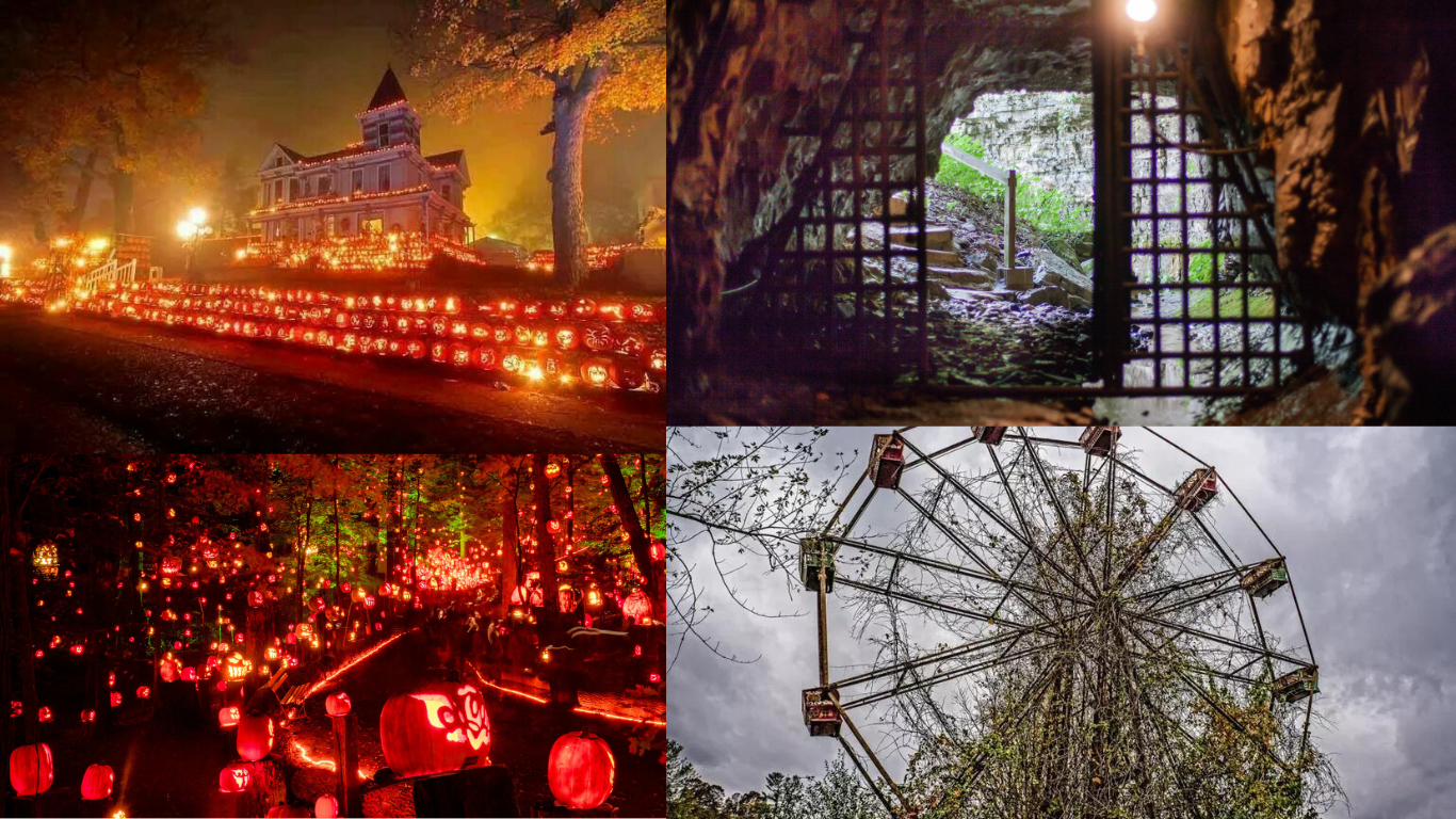 A collage of pictures of pumpkins , a ferris wheel , and a castle.