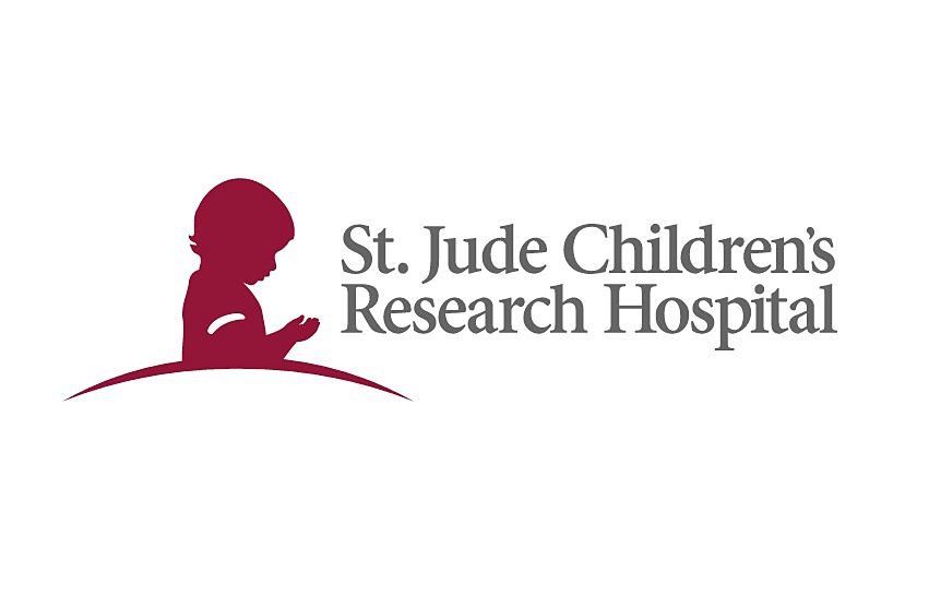 The logo for st. jude children 's research hospital shows a silhouette of a child reading a book.