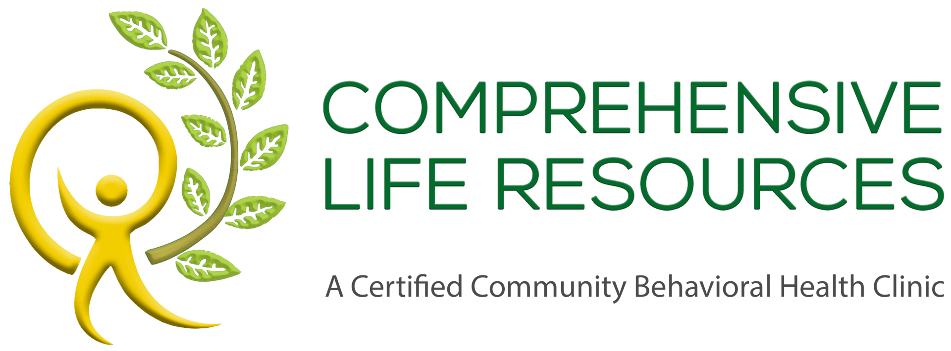 Logo for Comprehensive Life Resources: yellow figure within gold circle, green leaves and text.