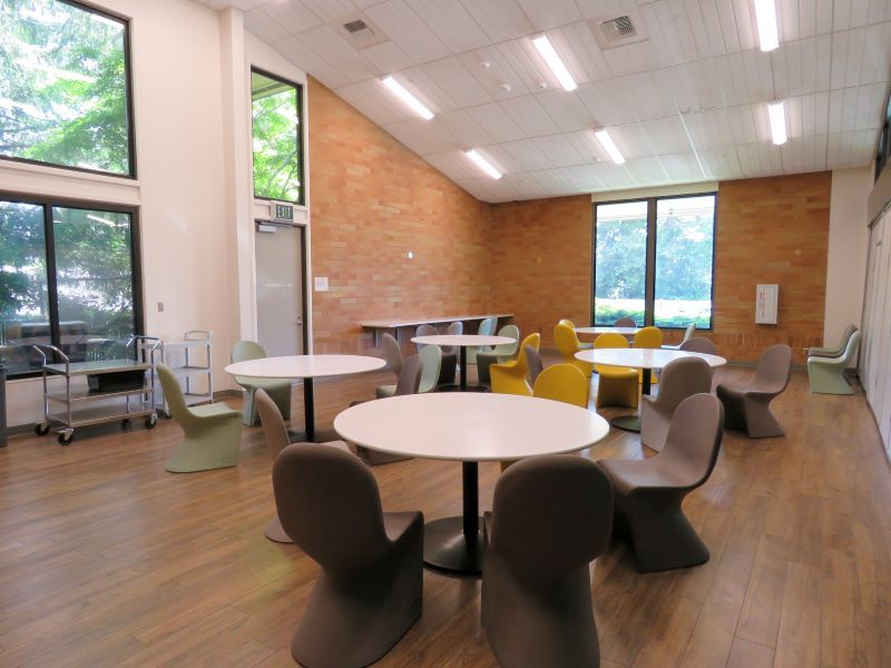 A brightly lit room with round tables and unique chairs. Large windows, brick accent wall, and wood flooring.