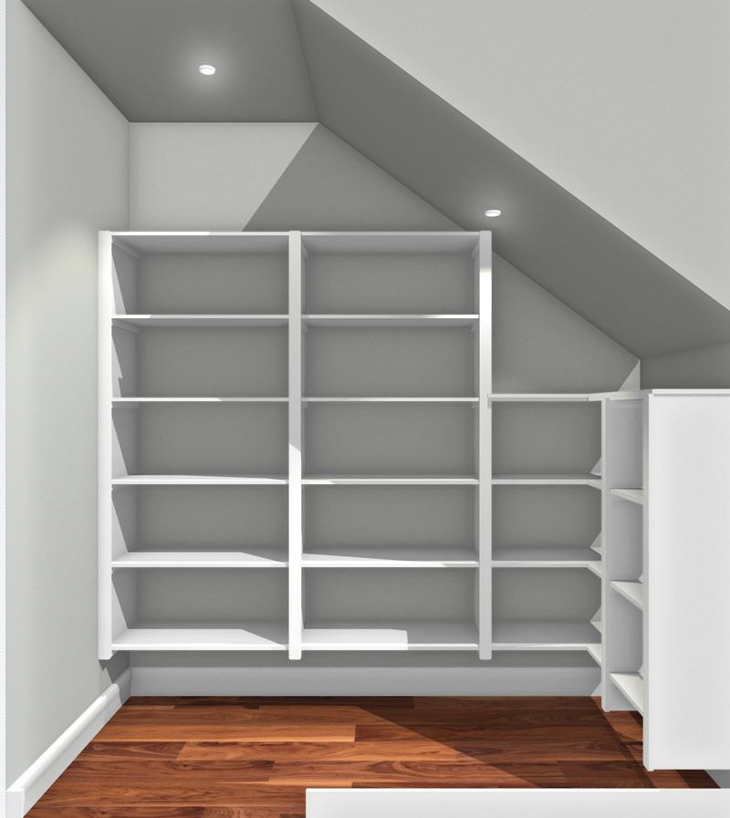 A 3D room with a slanted ceiling and white shelves used as a kitchen pantry