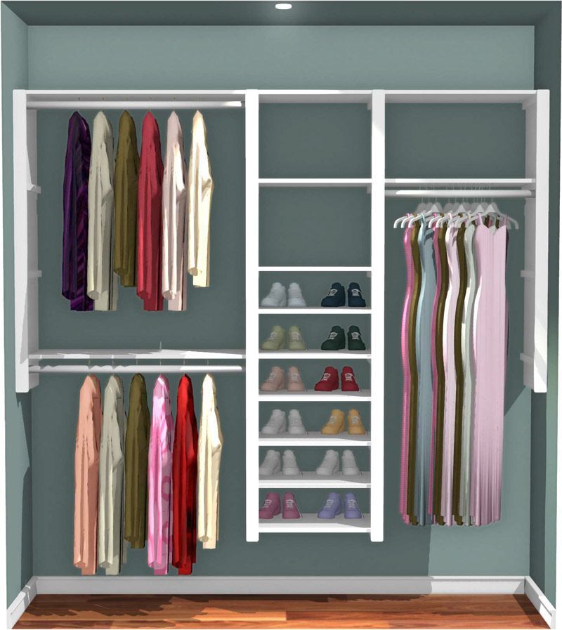 A closet rendering with clothes and shoes on shelves by KBE Design Build