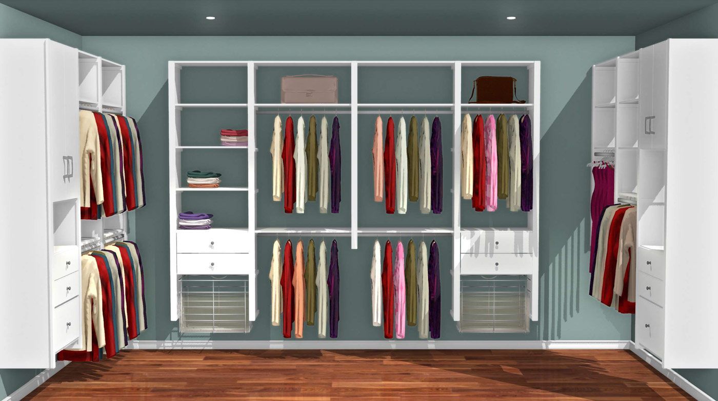A 3d rendering of a walk in closet filled with clothes by KBE Design Build.