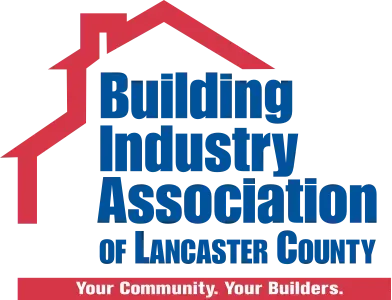 Red house logo above blue text: Building Industry Association of Lancaster County. Text: Your Community. Your Builders.