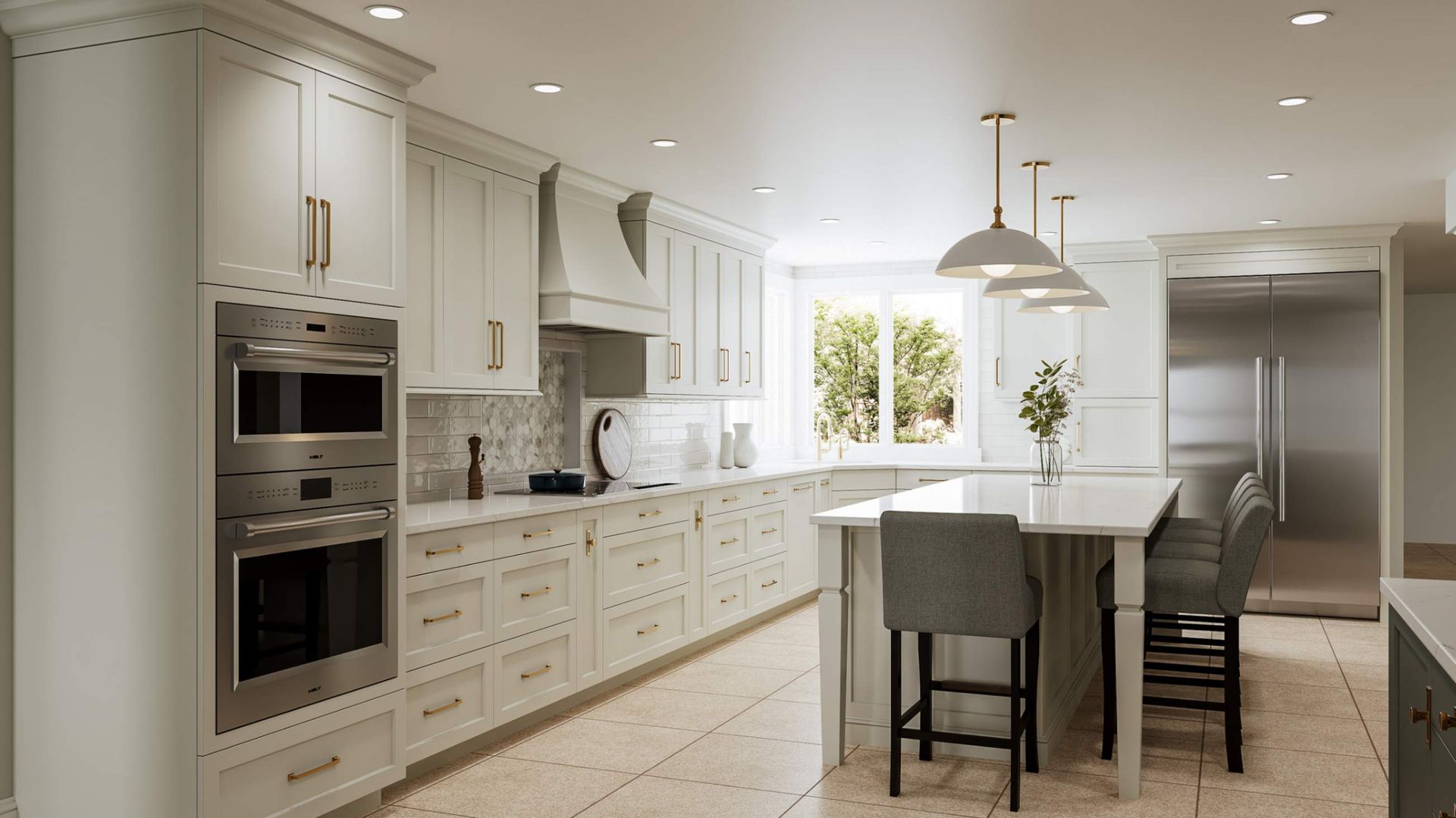 Elegant white kitchen with island, cabinets, oven, and window.