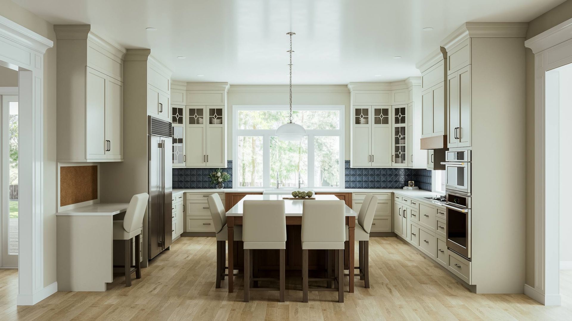Cream-colored kitchen with island and bar seating, light wood floors, and large window.