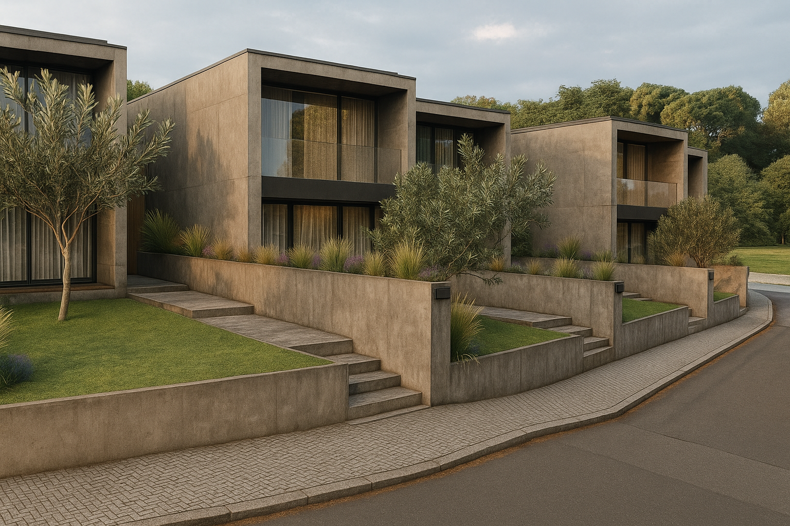 Casas modernas bege na encosta, com jardins frontais ao longo de uma rua curva.