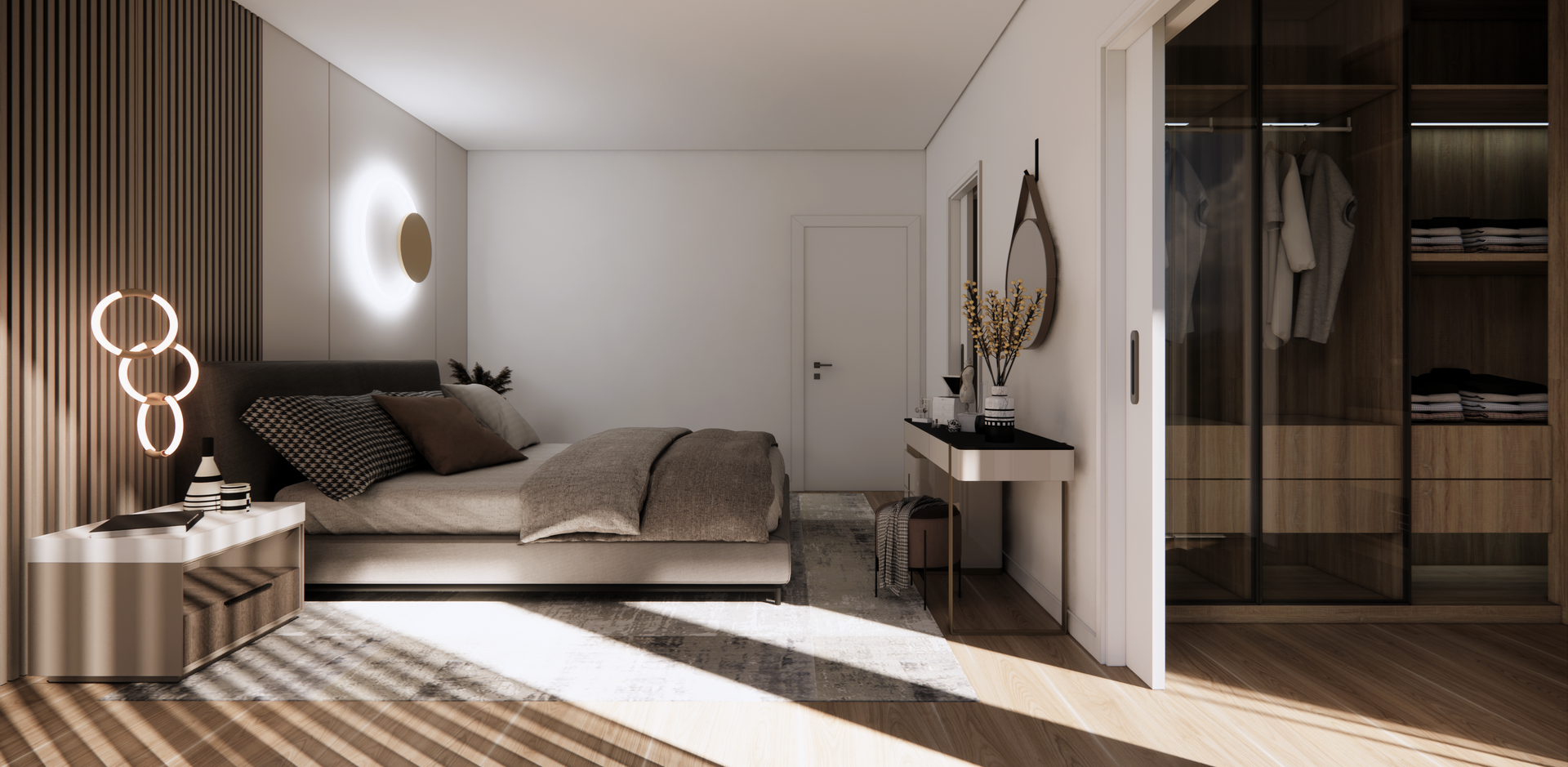Quarto moderno com decoração neutra, guarda-roupa de madeira, mesa de cabeceira.