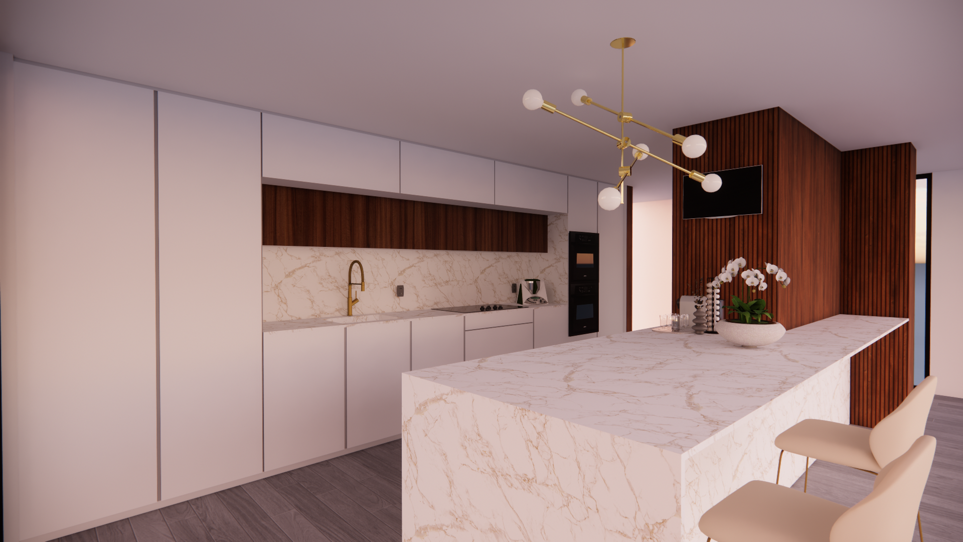 Cozinha moderna e minimalista com armários brancos, ilha de mármore, detalhes em madeira e luminárias pendentes.