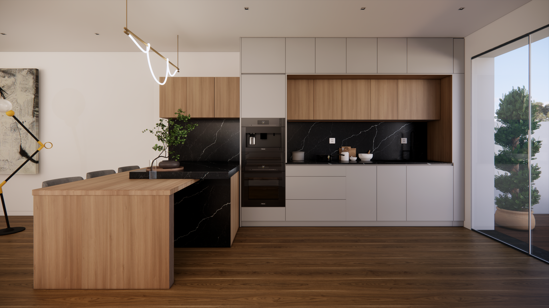Cozinha moderna e minimalista com armários de madeira, ilha preta e portas de vidro do chão ao teto.